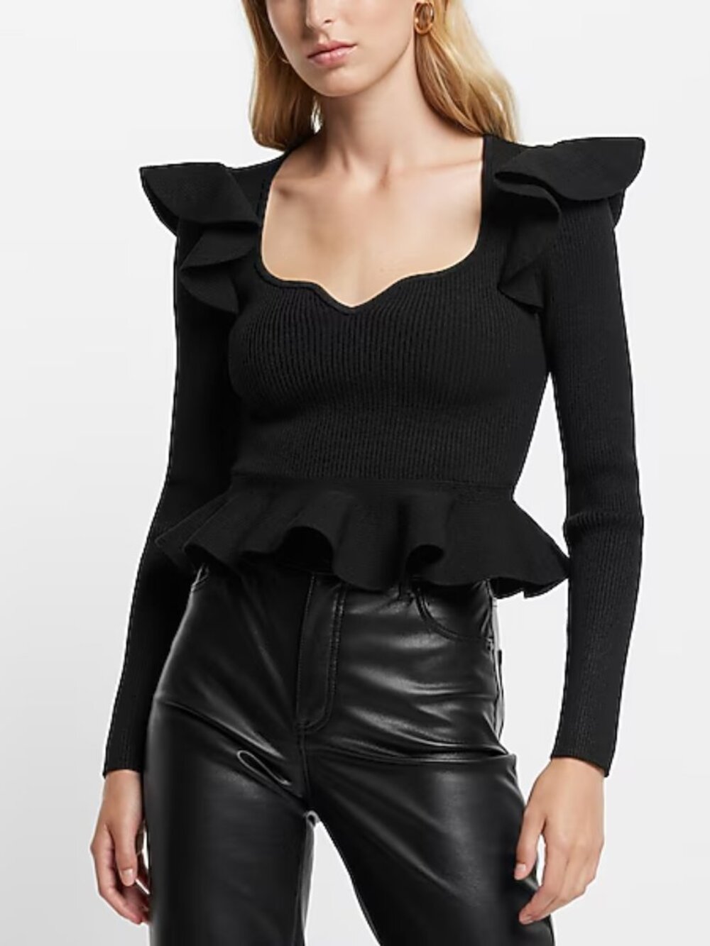 Express Black Ribbed Sweetheart Neckline Ruffle Peplum Sweater